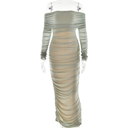 2025 New new mesh one-word shoulder pleated dress Popularan beautiful woman decoration body long-sleeved hip-wrapped dress