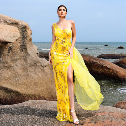 2025 sleeveless temperament single shoulder sexy slim long sequined banquet evening dress bridesmaid dress women