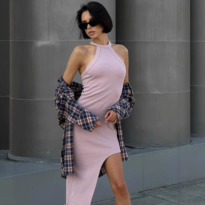 XAKXX Sexy pink knitted neck halter design slim dress New autumn and winter new  sleeveless long dress