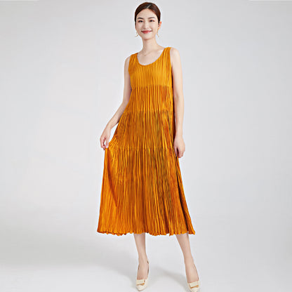 2025 Women's summer dress round neck sleeveless loose drape medium and long a-shaped skirt elegant dress skirt pleated skirt