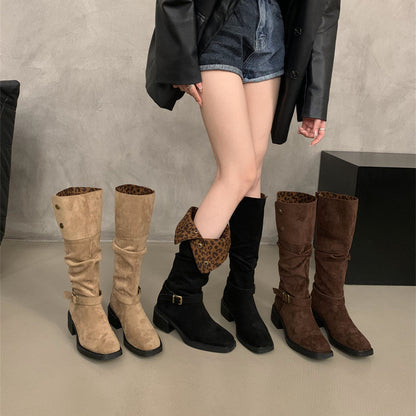 2025 Maillard metal buckle lapel two wear thick heel stack boots new suede round head knight boots in autumn and winter popular