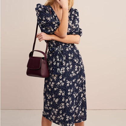 2025 Green  silk coffee break dress  summer dress women's V-neck bubble sleeve skirt mulberry silk dress