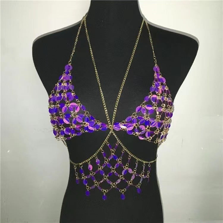 2025 MW3157  vest leaf shape sequined splicing neck V-neck chest wrap top small vest body chain