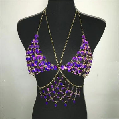 2025 MW3157  vest leaf shape sequined splicing neck V-neck chest wrap top small vest body chain