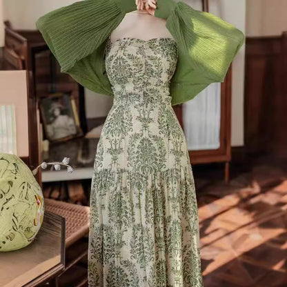 2025 Spot  retro floral print chiffon suspender slim seaside vacation beach dress premium dress