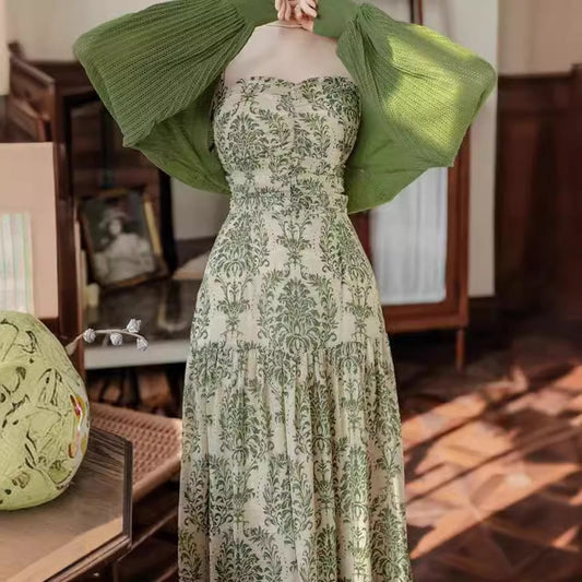 2025 Spot  retro floral print chiffon suspender slim seaside vacation beach dress premium dress