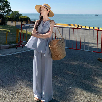 2025 Lazy wind wear women's summer seaside vacation leisure suit Zen simple chiffon loose trousers cold two-piece set