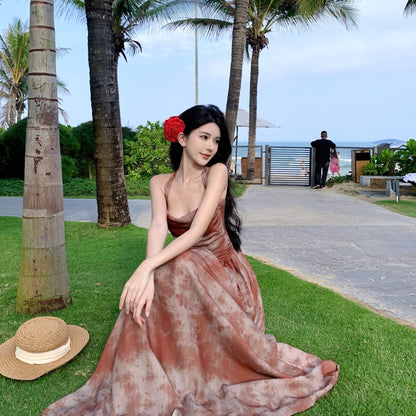 2025 Coffee break  retro suspender dress seaside vacation new Chinese beach skirt design sense niche smudge dress