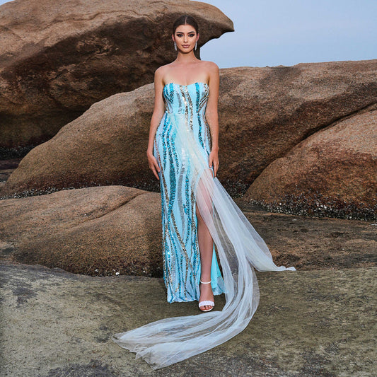 2025 temperament chest-wrapping collar sexy long sequined banquet streamer evening dress bridesmaid dress dress