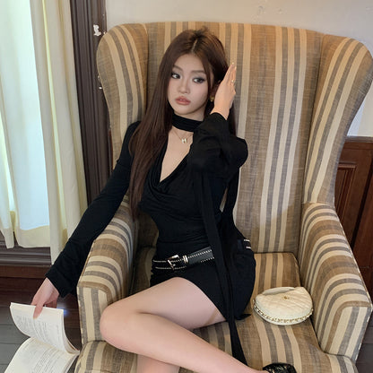 2025 Spice Girl V-Neck Ribbon Black Dress Children's Waist Slim Temperament Advanced Hip Wrap Short Dress Autumn