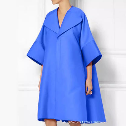 2024 cross-border  women's clothing new large-size lapel European and American independent station solid color temperament commuter dress