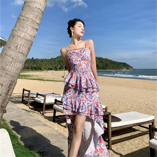 2025 sweet design irregular floral suspender skirt women's summer new temperament ruffle edge seaside dress