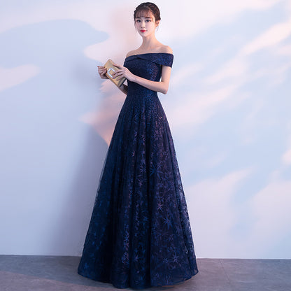 2025 One-word shoulder evening dress popular autumn new elegant aura queen fairy dream long banquet dress dress dress girl