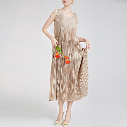 2025 Women's summer dress round neck sleeveless loose drape medium and long a-shaped skirt elegant dress skirt pleated skirt