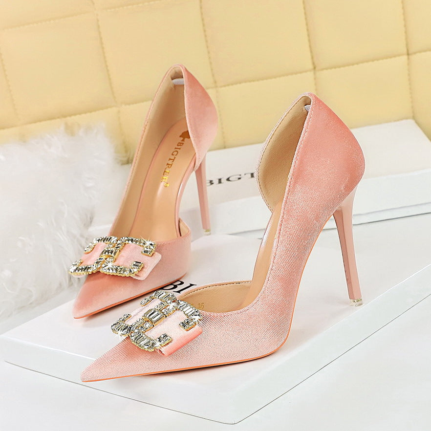 2025 1363-K78  high heels thin heel shallow mouth pointed side hollow thickened suede rhinestone buckle bow single shoe
