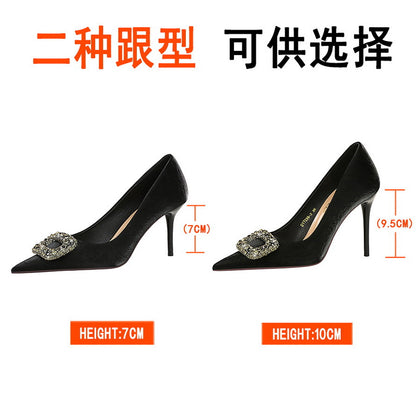 2025 7239-AK83  fashion banquet women's shoes thin heel high heel shallow mouth pointed rhinestone metal buckle single shoes women