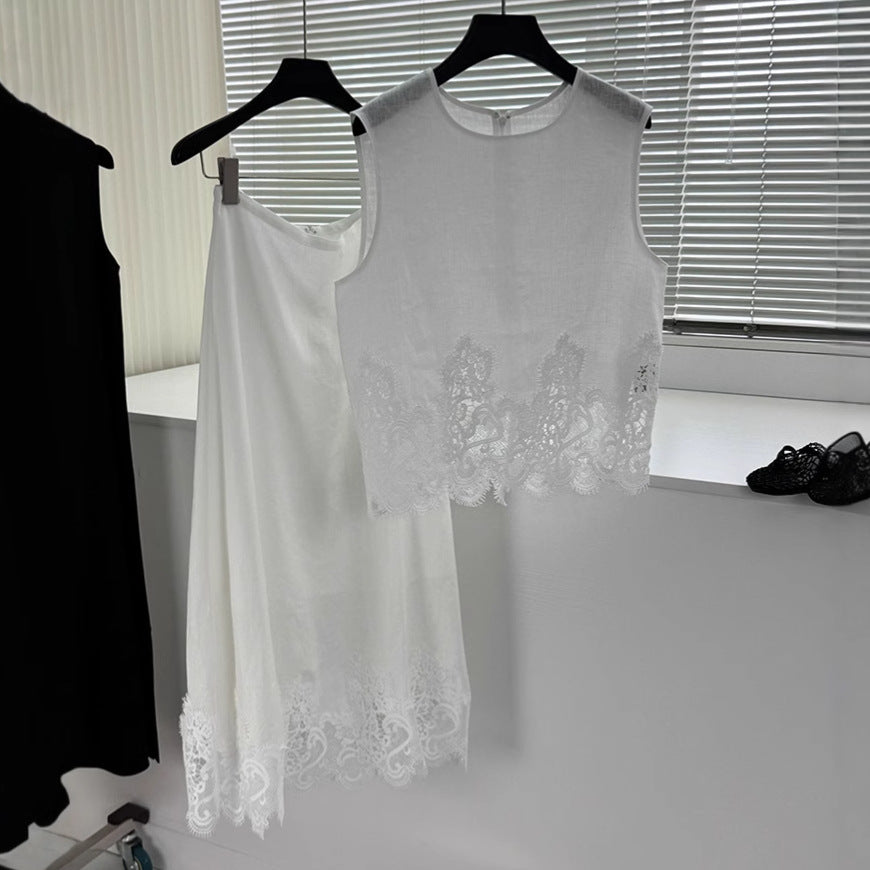 2025 Heavy water-soluble lace splicing linen crew neck vest elegant skirt women, two-piece set