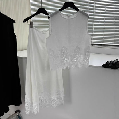 2025 Heavy water-soluble lace splicing linen crew neck vest elegant skirt women, two-piece set