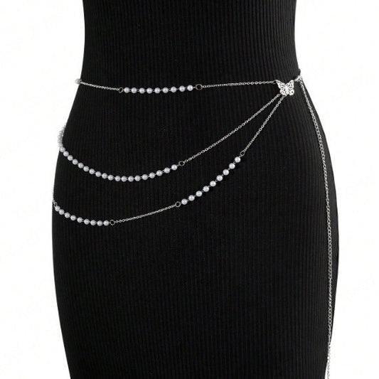 4580 New popular women's pearl beads with metal chain waist chain belt versatile fashion jewelry accessories