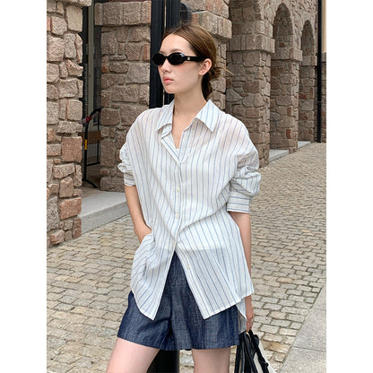 2025  Striped Sunscreen Shirt Women's 2025 Summer Thin Casual Loose Lazy Wind Long Sleeve Shirt T5051X