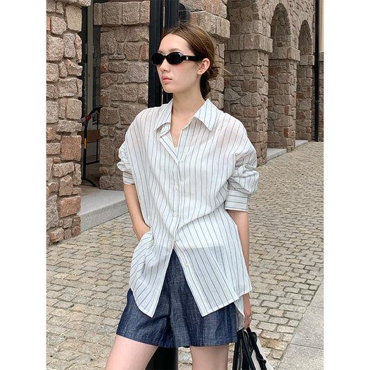 2025  Striped Sunscreen Shirt Women's 2025 Summer Thin Casual Loose Lazy Wind Long Sleeve Shirt T5051X
