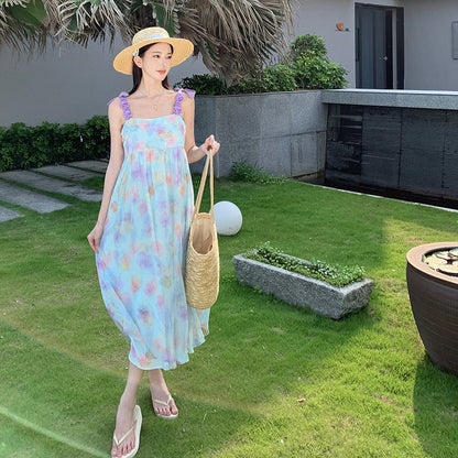 2025 Summer dopamine seaside vacation skirt coffee break  beautiful printing super good-looking pure desire wind suspender dress