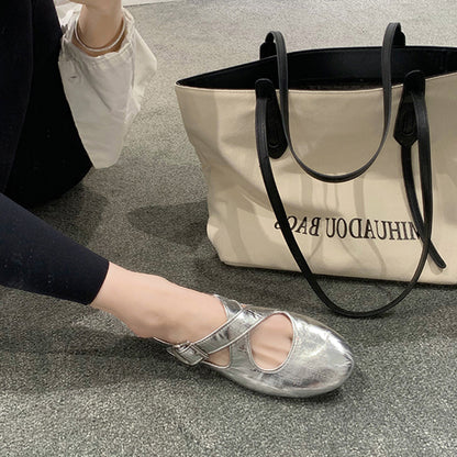 2025 Cowhide version~ Grape mother, the same cross belt, silver round head soft leather Mary Jane women's shoes, light mouth flat bottom single