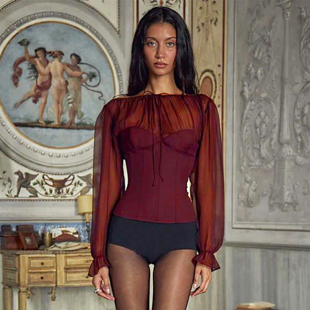 2025 popular  New autumn and winter fashion Spice Girl chiffon strap-on top new sexy splicing pleated T-shirt