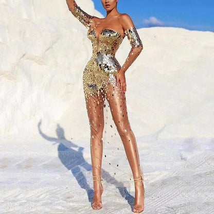2025 summer new New 2025 women's dress sequined shoulder sexy mesh perspective long evening dress