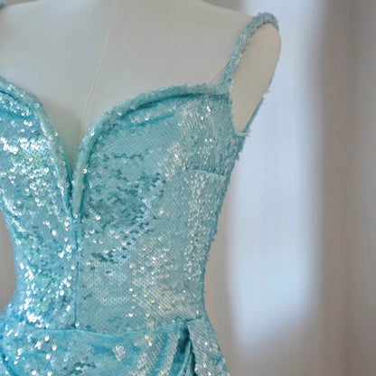 2025 One-word shoulder blue tube top evening dress 2025 style mermaid Ji sexy sequin fishtail dress women
