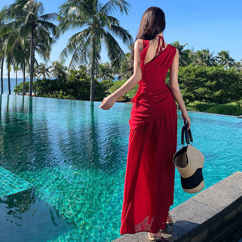 2025 Pure lust wind thin slanted shoulder red dress women's summer high waist sleeveless long dress high temperament vacation dating dress