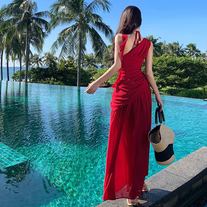 2025 Pure lust wind thin slanted shoulder red dress women's summer high waist sleeveless long dress high temperament vacation dating dress
