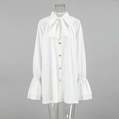 XAKXX Autumn and winter casual temperament thick matte satin versatile loose streamer collar horn sleeve lace-up women's dress white