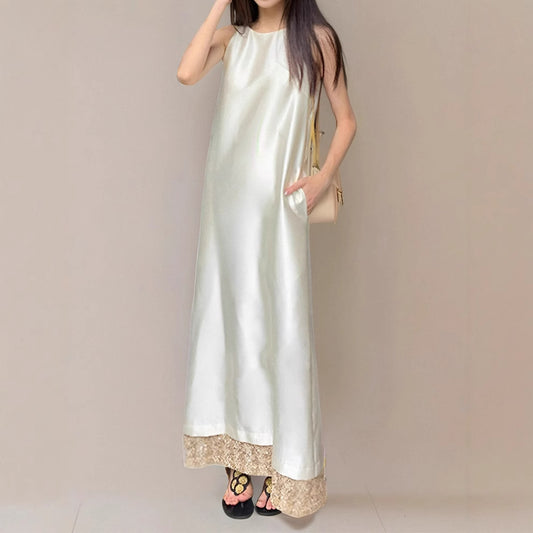 2025 satin neck-hanging thin dress women's clothing  summer new high-end loose contrasting color dress