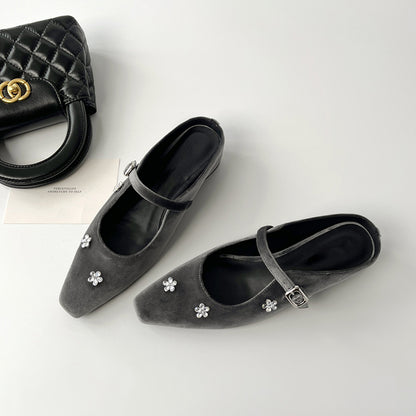 2025 Sheepskin version~  rhinestone flower bag head half slippers women's outer wear inner height increase square head temperament Mary Jane single shoes