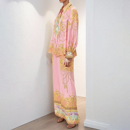 2025 2025 New women's clothing 2025 spring new temperament elegant court style printed shirt trousers New Year's suit