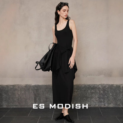 2025 ES MODISH spring new product exquisite solid color outer knitted shirt + tube top suspender dress set women