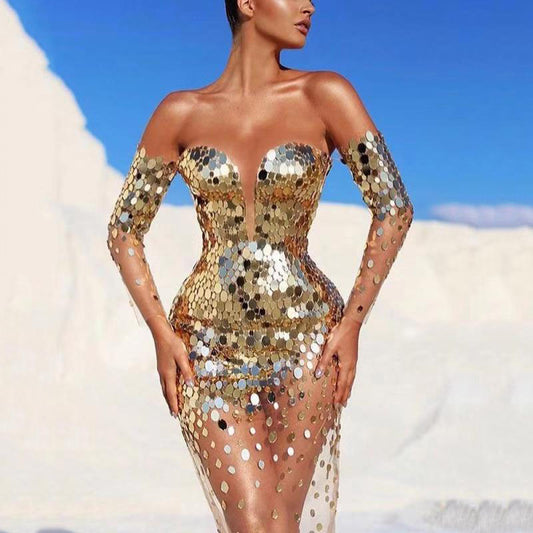 2025 summer new New 2025 women's dress sequined shoulder sexy mesh perspective long evening dress