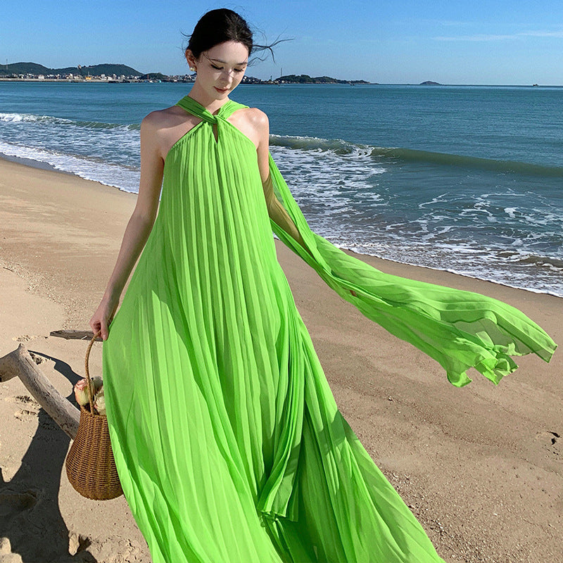 2025 romantic streamer neck skirt green pleated pendulum skirt seaside vacation photo beach skirt