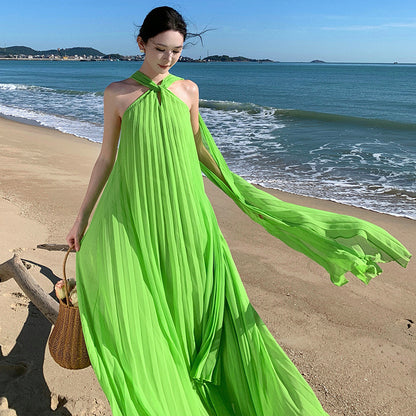 2025 romantic streamer neck skirt green pleated pendulum skirt seaside vacation photo beach skirt