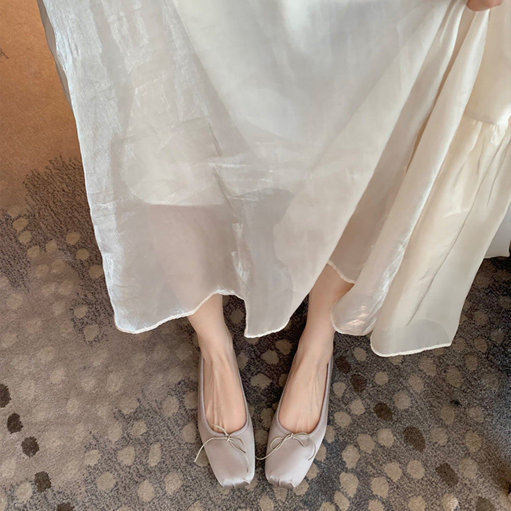 2025 Sheepskin version~ Su Yinyin's same square head  temperament bow commuting shallow mouth ballet single shoes women's flat shoes