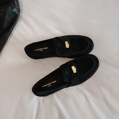 2025 Cowhide version~ Xingshengda shoes miu's small gold coins, genuine leather suede one-pedal loafers, women's small leather shoes autumn