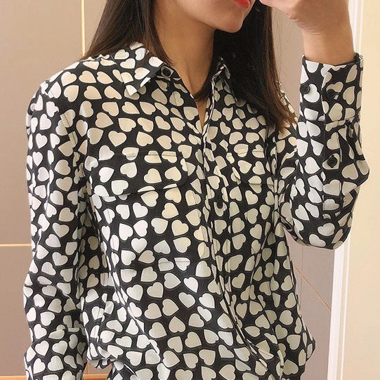 2025 Love polka dot silk shirt design sense niche summer long-sleeved mulberry silk printed shirt loose top women's clothing