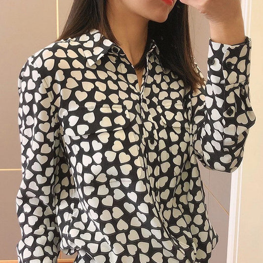 2025 Love polka dot silk shirt design sense niche summer long-sleeved mulberry silk printed shirt loose top women's clothing