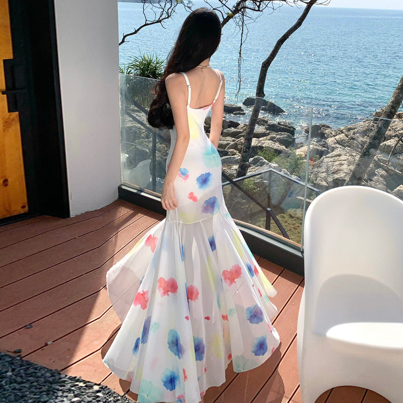 2025 Color tie-dye dopamine vacation style perspective pendulum super fairy Thai island atmosphere beach suspender long dress