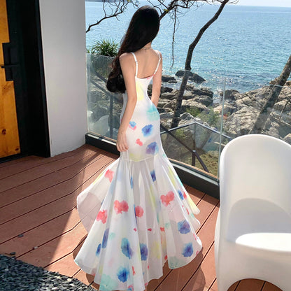 2025 Color tie-dye dopamine vacation style perspective pendulum super fairy Thai island atmosphere beach suspender long dress
