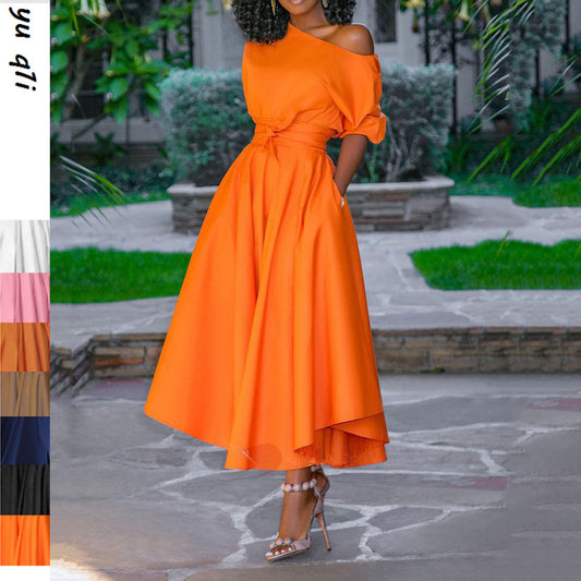 2025 New summer new Popular trade  2025 women's clothing single shoulder lace waist medium and long dress medium skirt