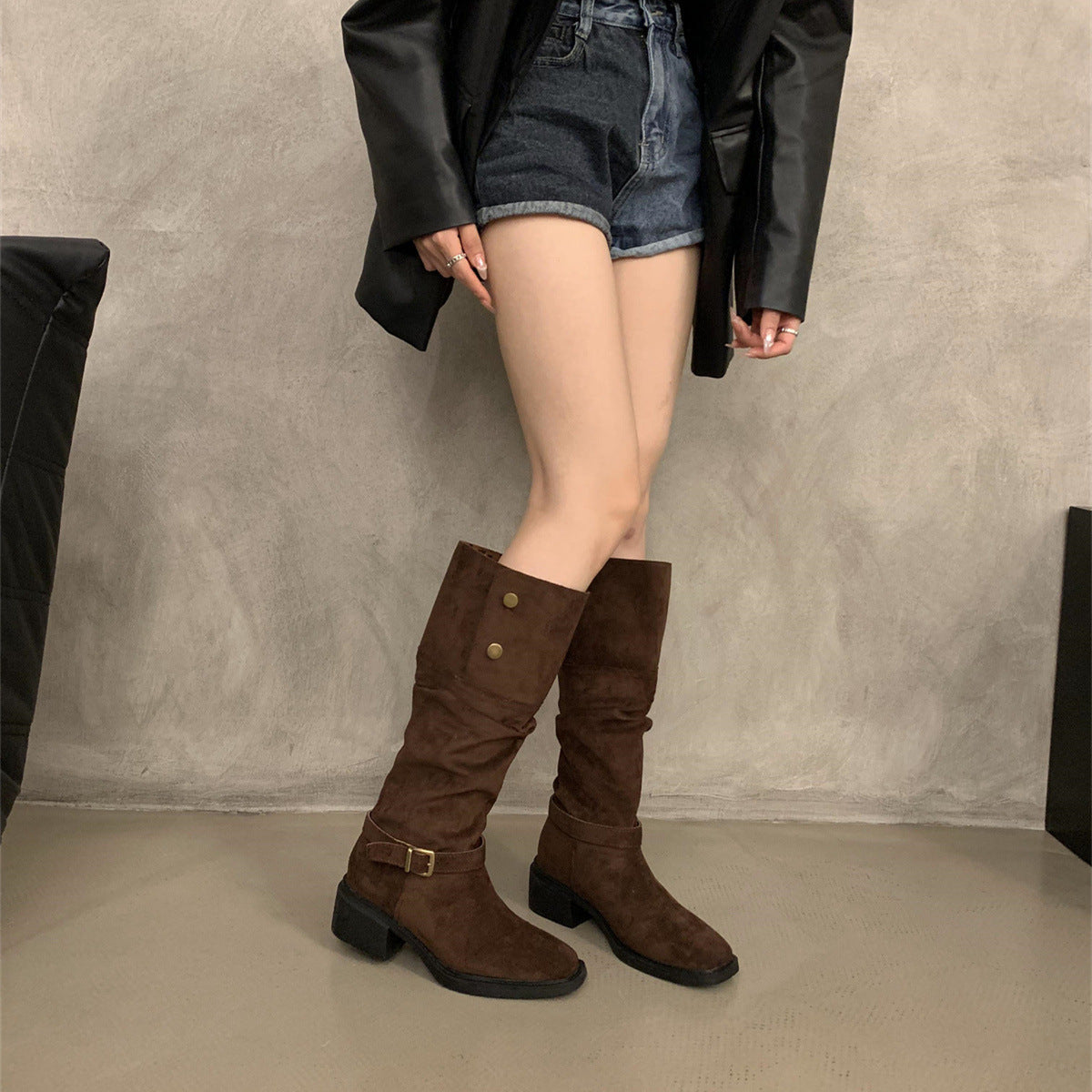 2025 Maillard metal buckle lapel two wear thick heel stack boots new suede round head knight boots in autumn and winter popular
