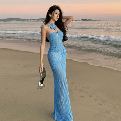 2025 Tube top step skirt vacation style seaside sexy perspective tight knitted dress travel photo nice skirt