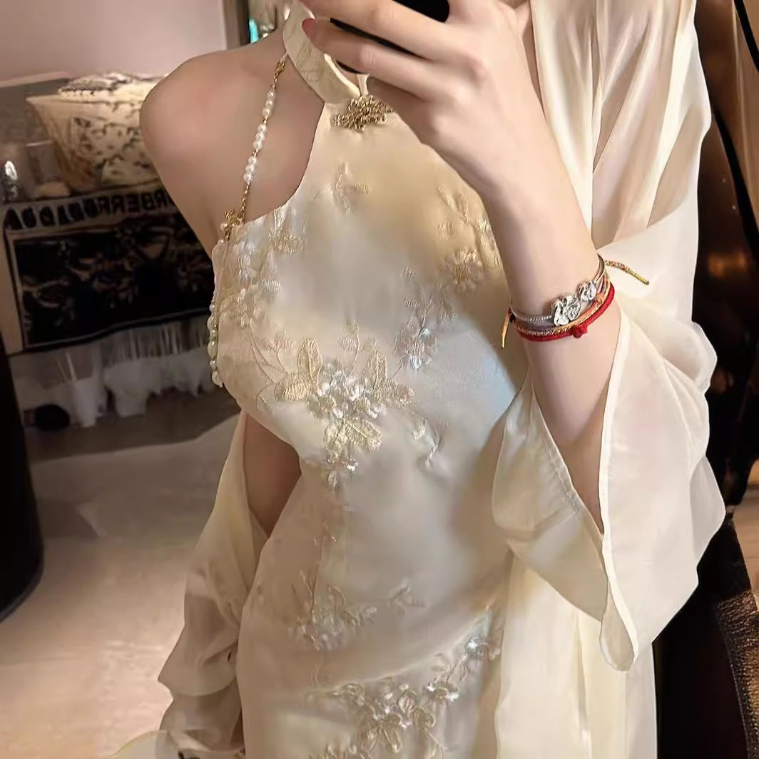 2025 Spot popular Chinese style cheongsam dress premium light luxury pearl slim pure desire shawl dress